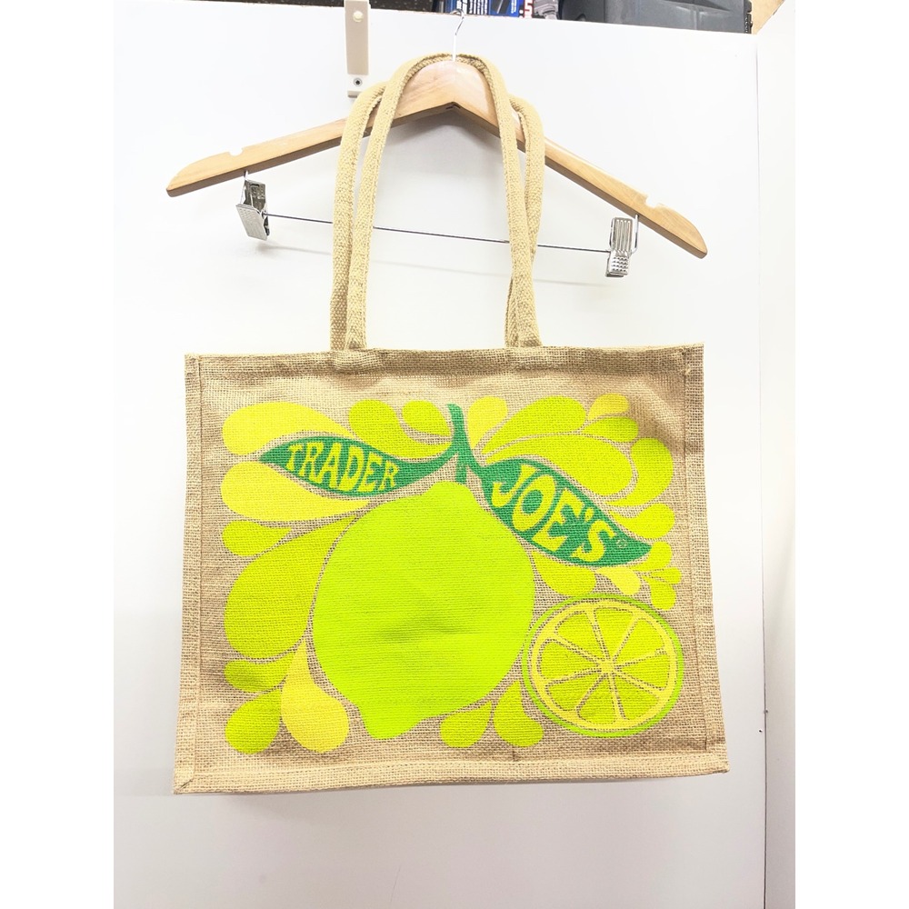 Trader Joes Lemon Jute Burlap Reusable Grocery Tote Bag Yellow Lime Green